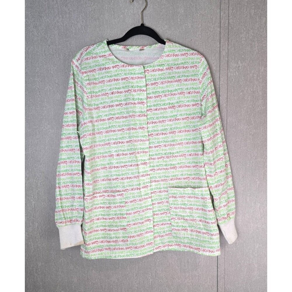 Scrub Jacket Women's M White Happy Christmas Holiday Winter Medical Nursing